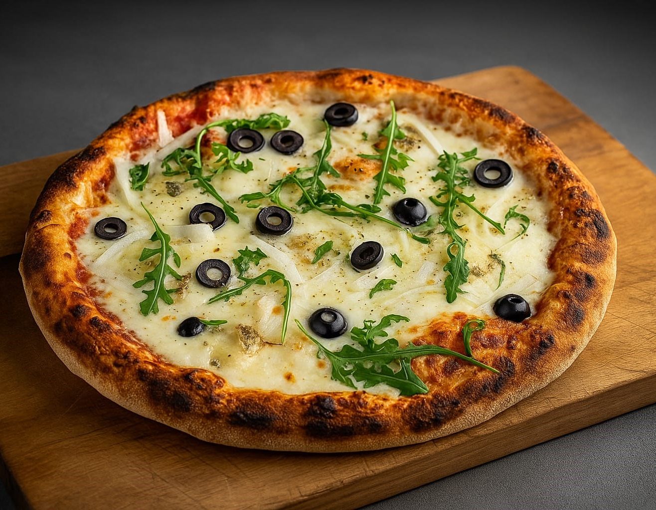 pizza rústica Pizza con queso, aceitunas negras y rúcula sobre una tabla de madera.